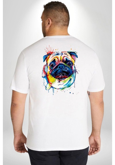 Angemiel Sulu Boya Pug Köpek Büyük Beden Beyaz Tişört Kadın Erkek Ünisex Sırt Baskılı Beyaz