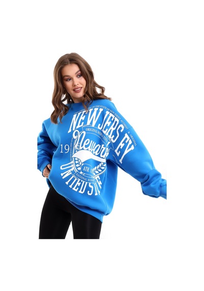 Winmoda34 Oversize Bisiklet Yaka 3 Iplik Şardonlu Kadın Sweatshirt New Jersey Mavi