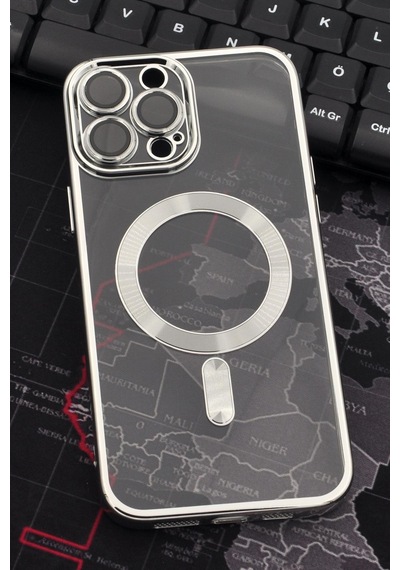 Apple Uyumlu iPhone 13 Pro Max Magsafe Özellikli Gümüş Gri Silver Renkli Kenarlı Lazerli Şeffaf Kılıf Lens Korumalı
