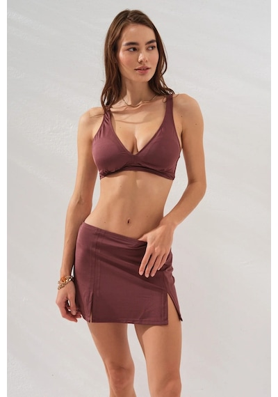 Toffee Fra Yırtmaç Detaylı Etekli Set Üçgen Bikini Takımı Ayarlanabilir Kalın Askılı Kullanışlı Kahverengi
