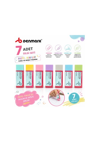 Penmark Pastel Renk Silgi Seti 7 Adet Yumuşak Silgi Canlı Renkler