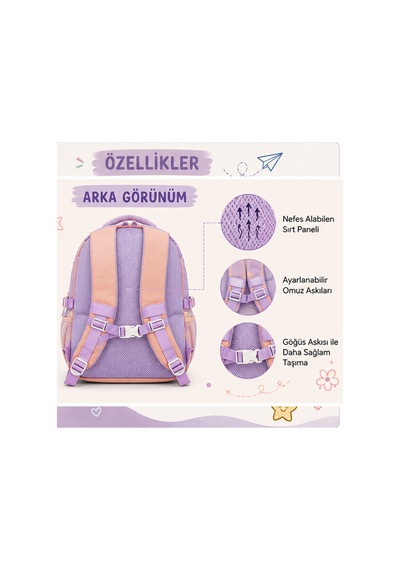 Peluş Oyuncak Detaylı 3'lü İlkokul Çanta Seti - Çok Bölmeli Su İtici Okula Dönüş İlkokul Mor