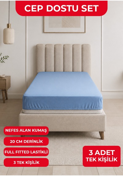 3 Adet Tek Kişilik Lastikli Çarşaf - 100x200cm - Mavi/yeşil/lila - Ranforce Çok Renkli