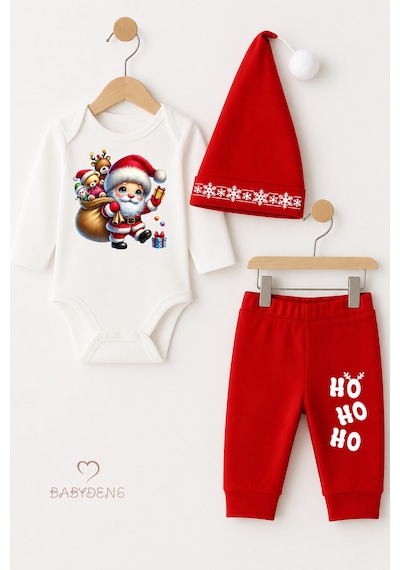 Babyden's Bebek Yılbaşı Noel Kıyafeti 3 Lü Set ,santa Baskılı Uzun Kollu Body, Kırmızı Pantolon,şapka Unisex Kırmızı - Beyaz