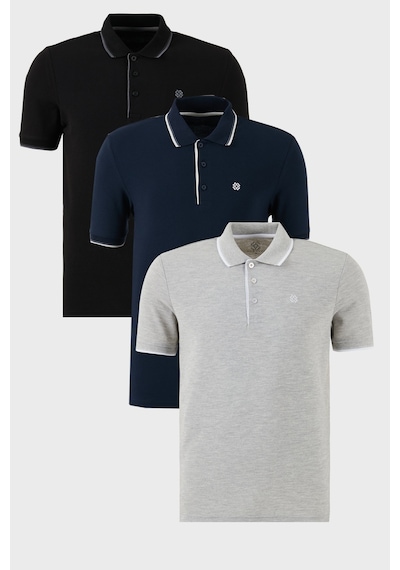 Buratti Pamuklu Slim Fit Şerit Detaylı Düğmeli Polo Yaka 3'Lü Paket Erkek T Shirt 5902118S3 Siyah-Gri Melanj-Lacivert