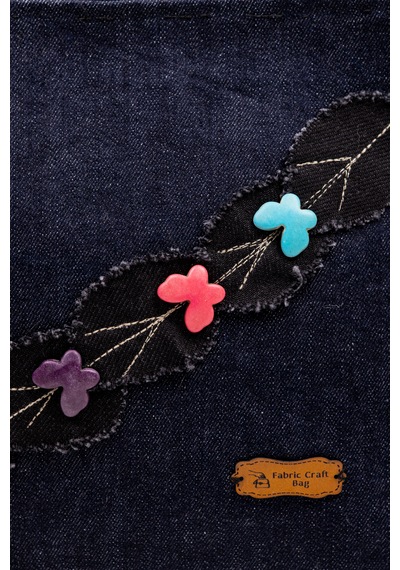 Fabric Craft Bag El Çantası Denim Kumaş Fermuarlı İçi Astarlı Nakış Detaylı 30 21 Cm Kot Lacivert