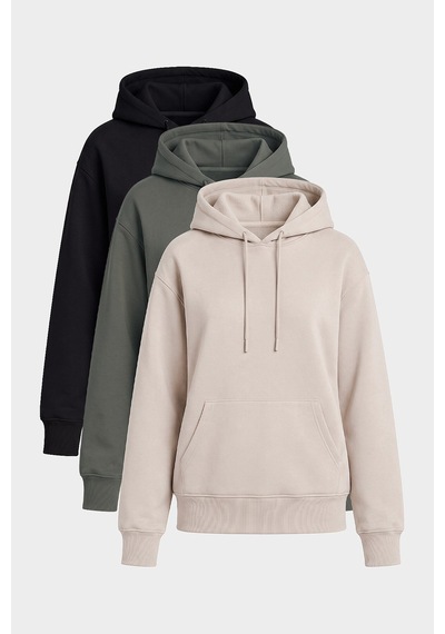 TOMMYLIFE Standart Kapüşonlu 3lü Paket Siyah-haki-bej Kadın Sweatshirt - 97321 Siyah - Açık Bej