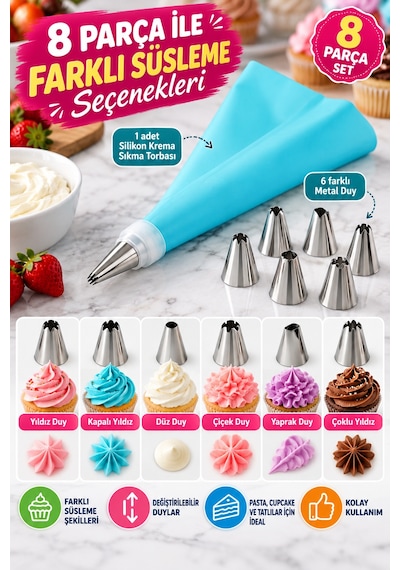 8 Parça Silikon Krema Sıkma Torbası Seti 6 Metal Duy Başlıklı Pasta Kek Cupcake Süsleme Aparatı Seti Çok Renkli
