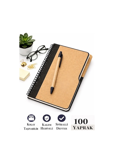Siyah Sert Kapak Çizgili Defter 100 Yaprak 1 Adet Kalem Hediyeli Lastikli Defter Spiralli Günlük Kullanım Not Defteri