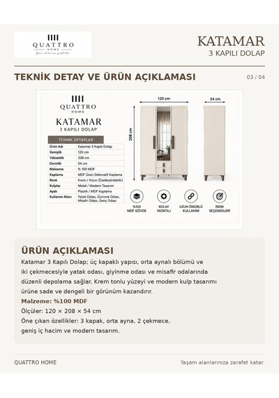 Katamar 3 Kapaklı Dolap Krem