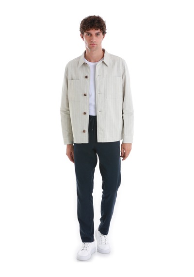 Hatemoğlu Bej Slim Fit Çizgili Mono Yaka Klasik Keten Ceket 14242024c001 25 Bej