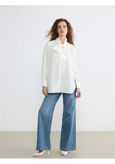 Lcw Studıo Beyaz Fular Yaka Büzgülü Oversize Bluz