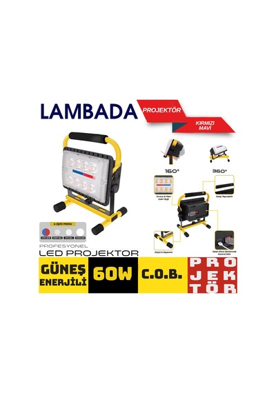 Lambada Projektör Güneş Enerjili Şarjlı Cob Ledli 30w Usb Li Kırmızı-mavi 23x16x29 Cm Br4500203
