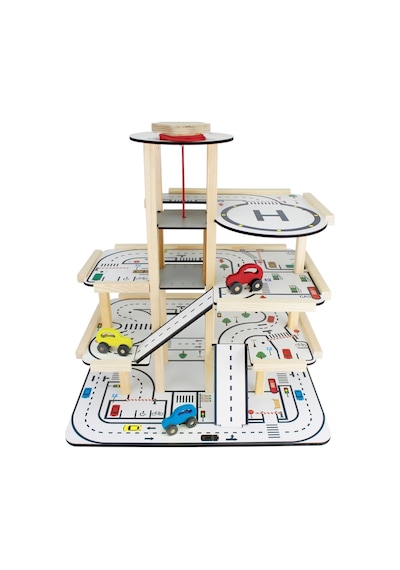 Ahşap Asansörlü Otopark - Üç Katlı Garaj Seti - Hotwheels Garaj Seti - Otopak Seti - Eğimli Garaj