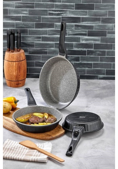 Cooker 3 Parça Granit Döküm Tava Seti 20 24 28 Cm Ckr3898 Siyah