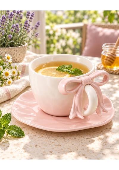Valkyrie Ribbon Serisi 2 Parça 380 Ml Pembe Fiyonklu Tabaklı Çay Kahve Kupa Fincan Seti
