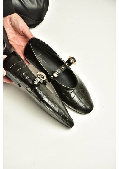 Fox Shoes Z920350011 Siyah Kroko Basklı Kadın Babet