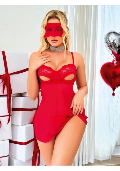 Fantezia Kadın Kırmızı Göğüs Dekolteli Göz Bağlamalı Tül Gecelik Tanga Takım 2180