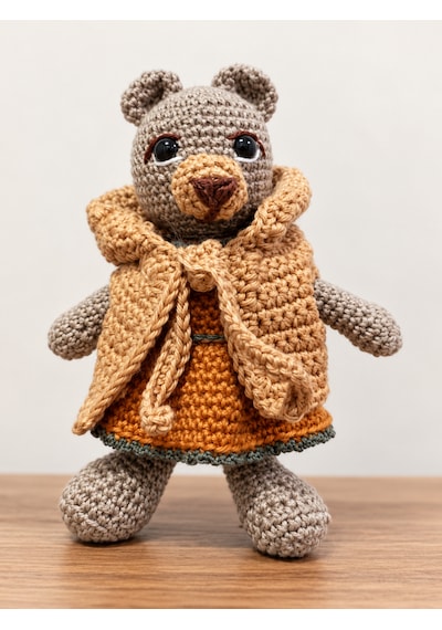 Elbiseli Yelekli Küçük Ayı Amigurumi Bebek