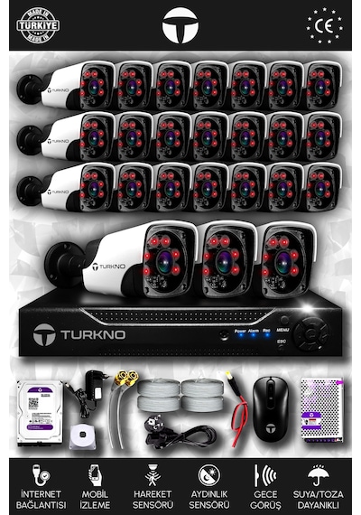 Turkno 24 Kameralı Pania 24 Dış Kamera Set 2 TB HDD Full HD Gece Görüşlü Güvenlik Kamerası Sistemi
