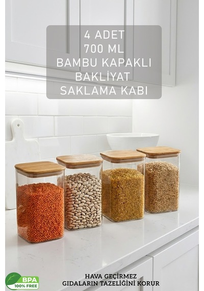 Bambu Kapaklı Kare 4 Lü 1400 Ml Hava Geçirmez Gıda Saklama Kabı Seti Orta Boy Contalı Erzak Kabı Şeffaf