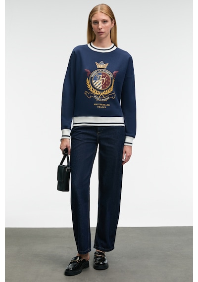 Grımelange VALLUNE Kadın Kontrast Triko Etek Ucu Manşet Ve Yakalı Nakış Crop Lacivert Sweatshirt