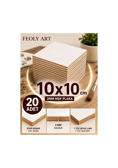 10x10 Cm 3mm Mdf Plaka 20 Adet - Beyaz Lam Kaplamalı