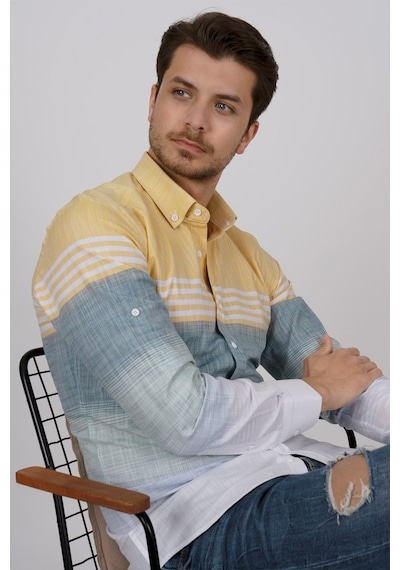 Panolu Sarı Yeşil Slimfit Keten Erkek Gömlek Sarı