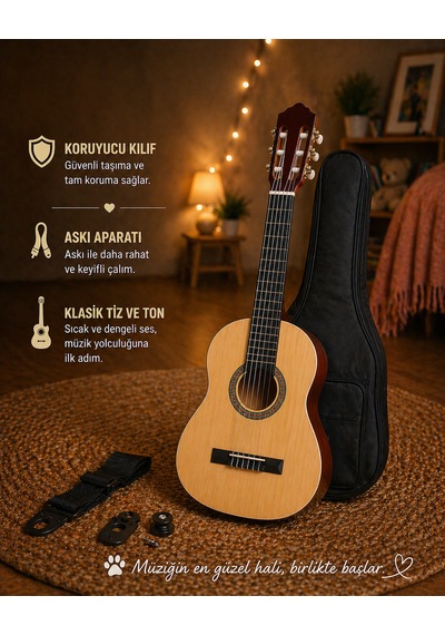 Valares Qcg3024 34 1/2 Yarım Boy Klasik Gitar Naturel Askı Aparatlı Çocuklar İçin İdeal Kolay Çalım