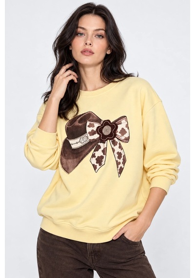 Mevese Kadın Taş İşlemeli Fiyonk Baskı Oversize Üç İplik Rahat Kesim Sweatshirt -sarı