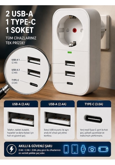 Termal Akım Korumalı Çoklayıcı Priz 2 USB-A 1 PD Type-C 1 Soket 3680W Güvenli