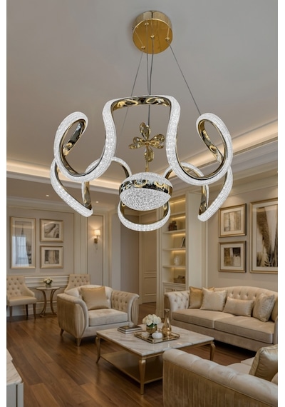 Eliza Tek Top Simli Modern Sarkıt Oturma & Salon Led Avizesi Gold