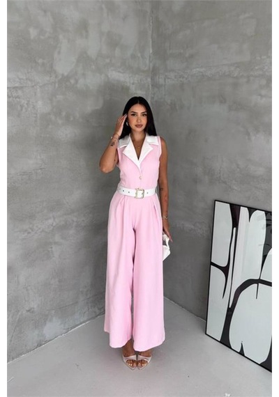 Neşeli Butik Kadın Pembe Çift Renkli Kemerli Şerit Detaylı Tam Boy Kolsuz Tulum Nbk087