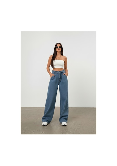 Bluemarlin Tam Kalıp Yüksek Bel Ön Arka Pensli Bol Paça Baggy Jeans Mavi