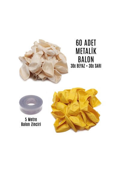 60 Adet Beyaz Ve Sarı Karışık Metalik Balon + 5 Metre Balon Zinciri Turuncu