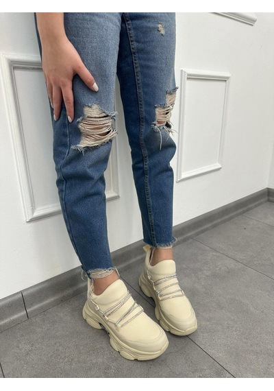Erva'nın Butiği Bej Dore Kadın Gizli Topuklu Bağcıklı Sneakers-5263