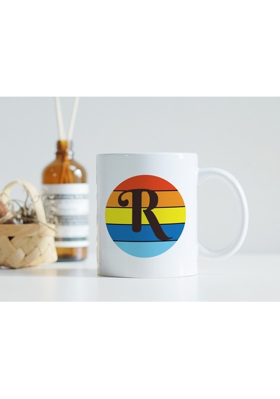 R Harfi Retro Renkli Kupa Bardak - Vintage Tarz Yuvarlak Harfli Kahve Kupası - Kişiye Özel Hediye Beyaz