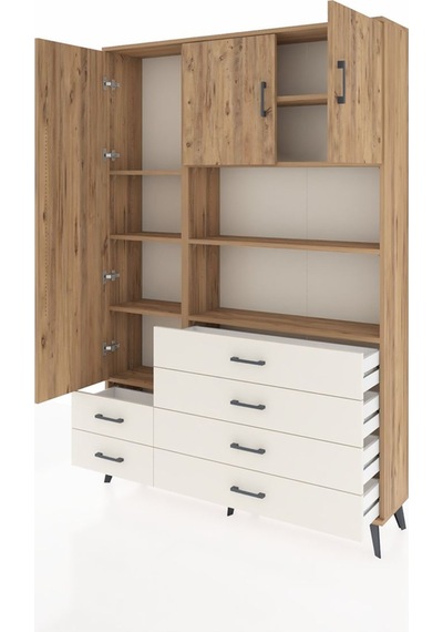 Arges Dolap 8 Raflı 6 Çekmeceli 3 Kapaklı 132x30x195 Çam-çam/... Çam