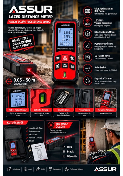 Assur 50 Metre Lazer Mesafe Ölçer Lazer Metre