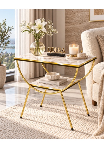 Odera Çift Efes Beyaz Mermer Desenli Çift Raflı Yan Sehpa Komodin Metal Ayaklı Retro Modern Sehpa Diğer