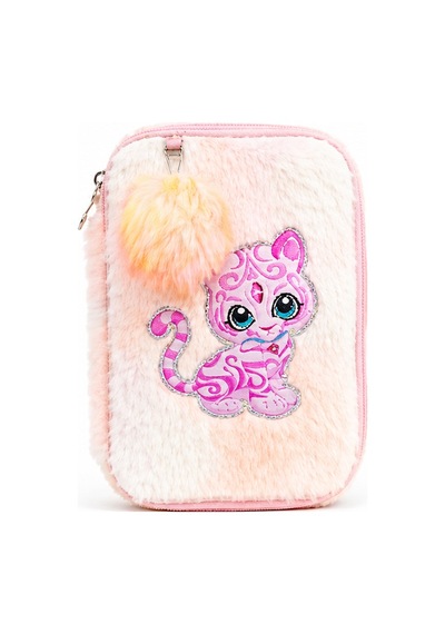 Dream Vest Peluş Kedili Çift Gözlü Kalem Çantası Somon Çok Renkli