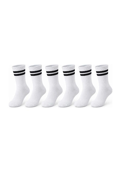 Unisex Beyaz Çorap Siyah Çizgili 6'lı Set Uzun Soket Günlük Spor Kolej Stil Rahat Kadın Erkek Çorabı Beyaz, 39-44
