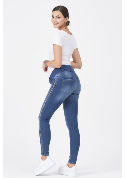Busa Hamile Kot Pantolon Skinny Leoparlı Yan Şerit Mavi-mavi