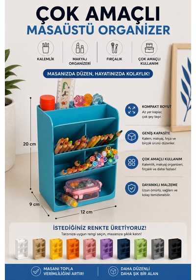Masa Üstü Çok Amaçlı Organizer / İstediğiniz Renkte Üretim Mavi
