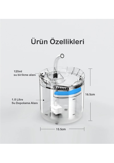 Techtic Kedi Köpek İçin Sessiz Su Çeşmesi Otomatik Su Pınarı Usb