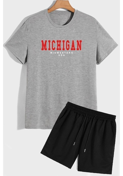 Uyguntarz Rahat Tasarım Michigan Şort T-shirt Eşofman Takımı Gri