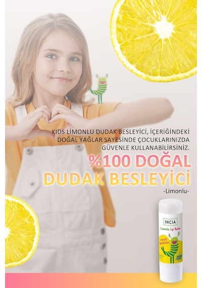 INCIA %100 Doğal Kids Dudak Besleyici Limonlu Bitkisel Nemlendirici Dudak Bakım Kremi 6 G