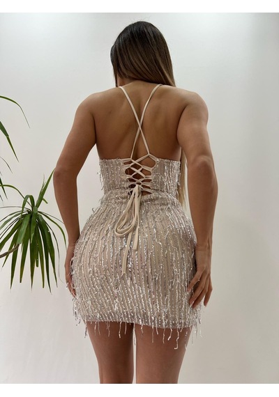 Pink Life Bej Saçak Payet Askılı Elbise Bej