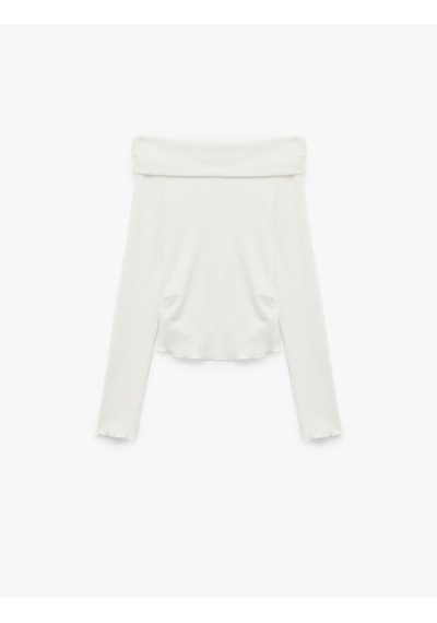 Koton Viskon Karışımlı Kaşkorse Omzu Açık Slim Fit Uzun Kollu Tişört Ekru 6wal10196ık Ekru