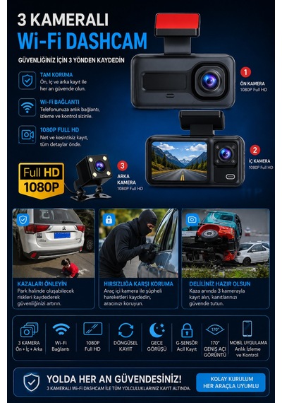3 Kameralı Araç İçi Kamera Seti 1080p Full Hd Wi-fi Gece Görüşlü Geri Görüş Kameralı Viidure Mobil Uygulama Destekli